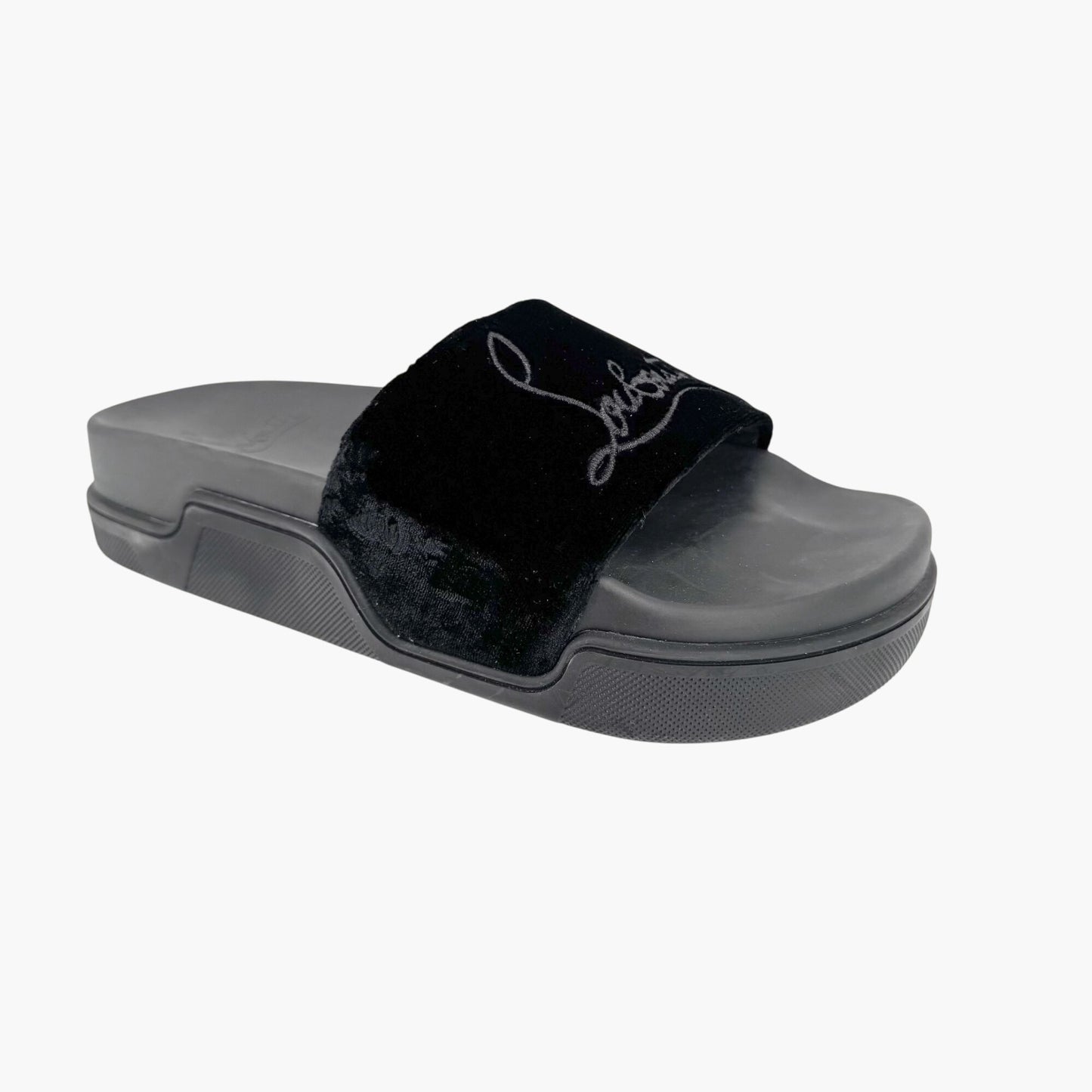 Christian Louboutin "Navy Pool" Logo Embroidered Slide Sandals in Black Velvet Size 37