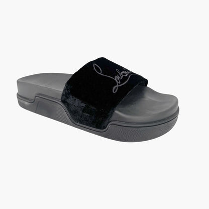 Christian Louboutin "Navy Pool" Logo Embroidered Slide Sandals in Black Velvet Size 37