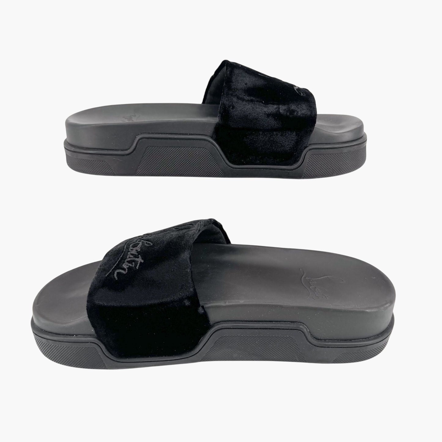 Christian Louboutin "Navy Pool" Logo Embroidered Slide Sandals in Black Velvet Size 37