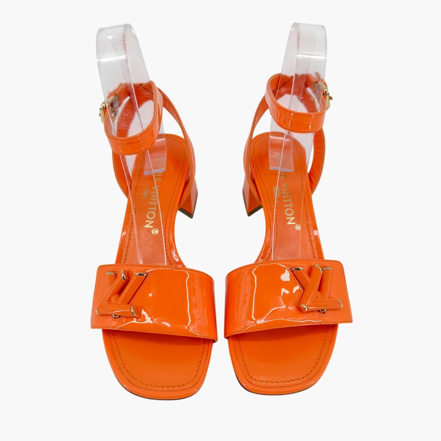 Louis Vuitton Shake LV Turnlock Sandals in Orange Patent Leather Size 37