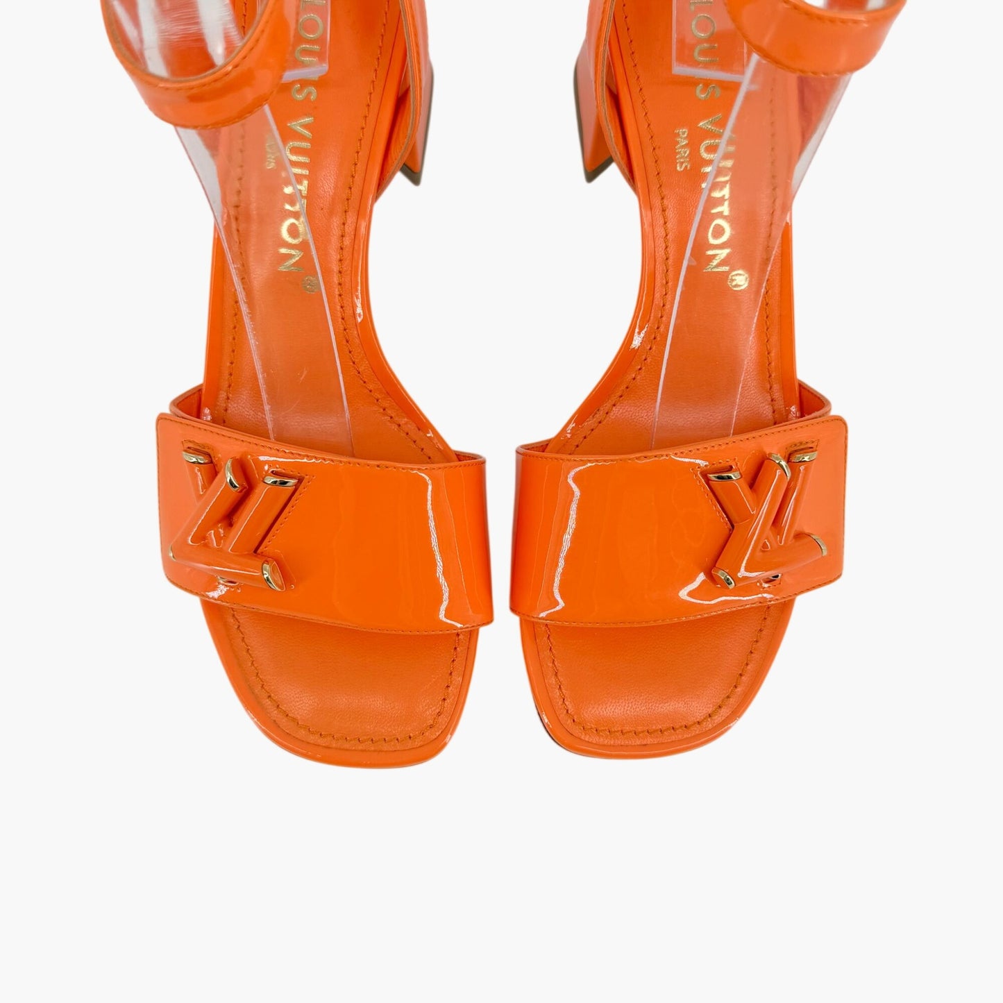 Louis Vuitton Shake LV Turnlock Sandals in Orange Patent Leather Size 37
