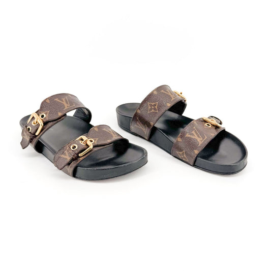 Louis Vuitton Bom Dia Buckle Slide Sandals in Brown Canvas LV Monogram Size 38