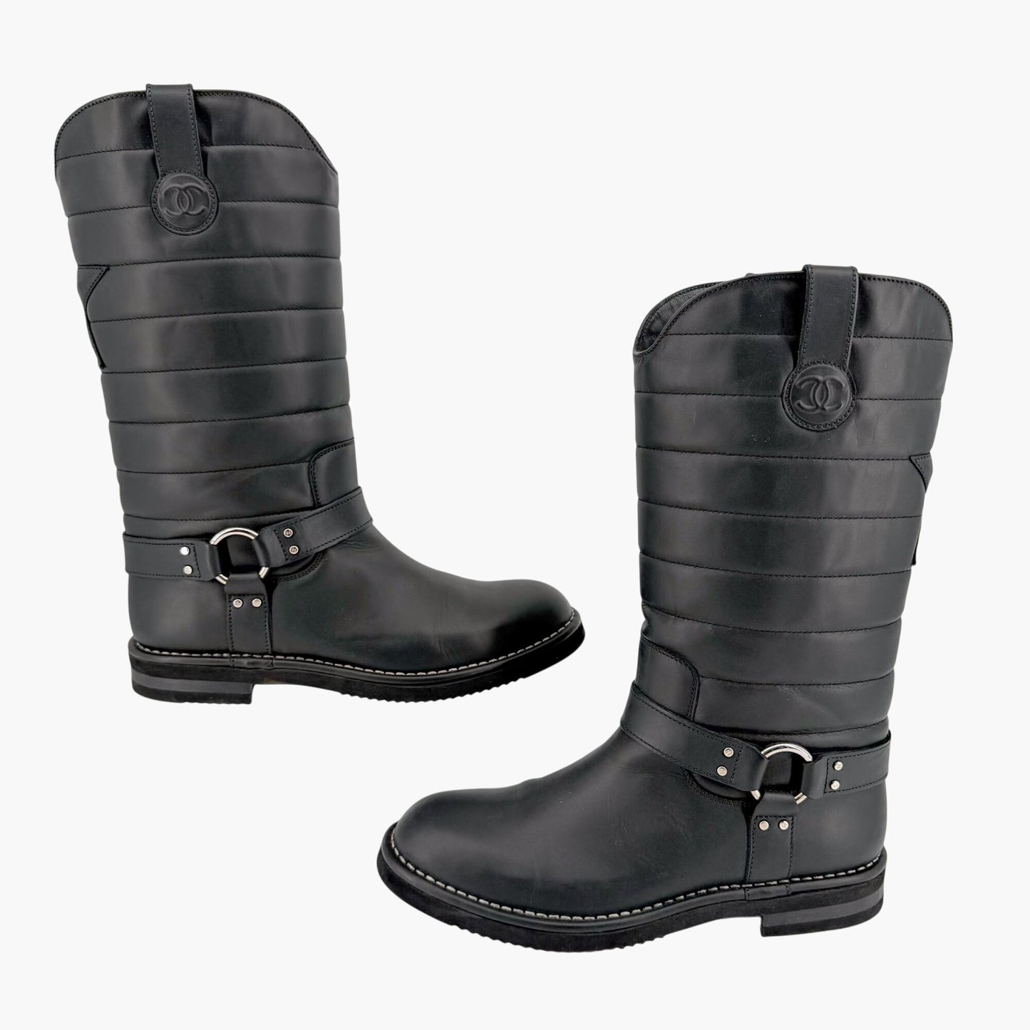 Chanel Star Harness Riding Boots Black Leather Size 42