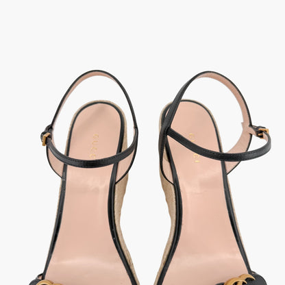 Gucci Black Leather Aitana GG Espadrille Wedge Sandals Size 41