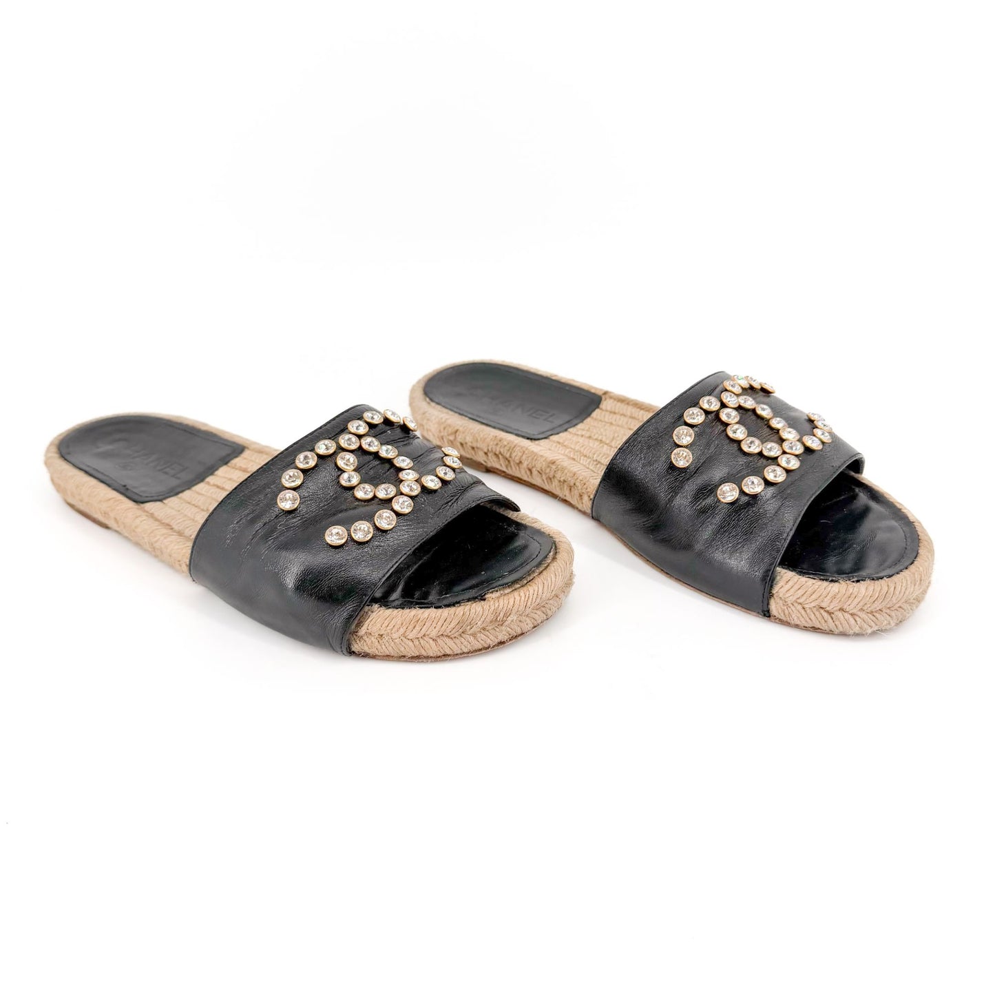 Chanel Crystal CC Espadrille Slide Sandals Black Size 38