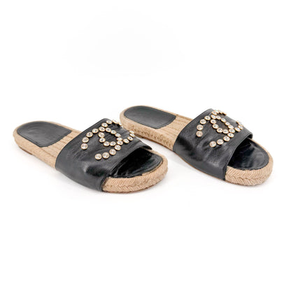 Chanel Crystal CC Espadrille Slide Sandals Black Size 38