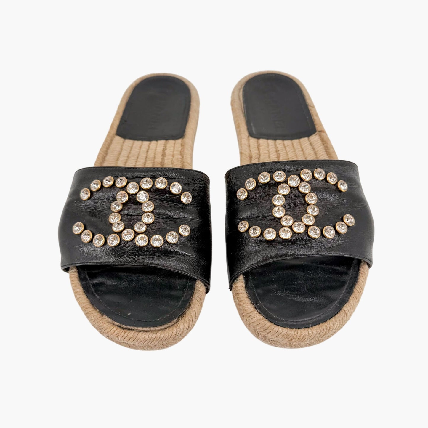 Chanel Crystal CC Espadrille Slide Sandals Black Size 38