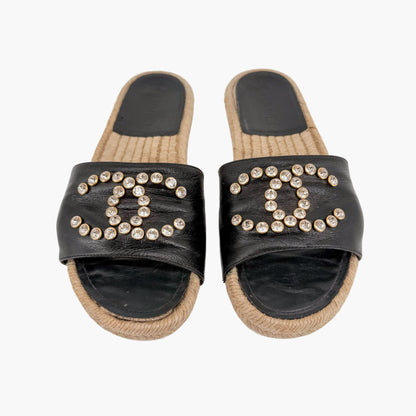 Chanel Crystal CC Espadrille Slide Sandals Black Size 38