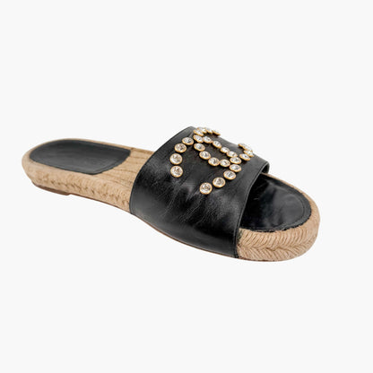 Chanel Crystal CC Espadrille Slide Sandals Black Size 38