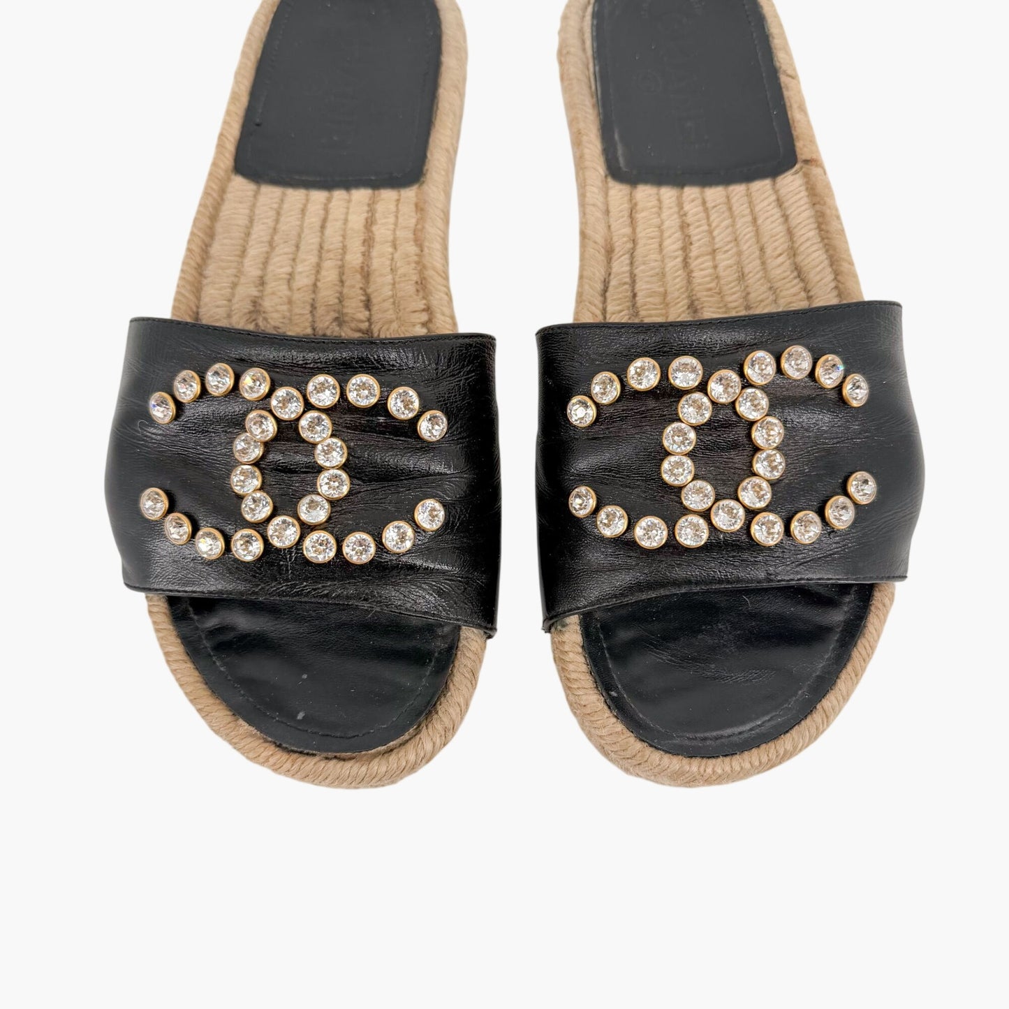 Chanel Crystal CC Espadrille Slide Sandals Black Size 38