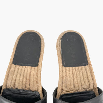 Chanel Crystal CC Espadrille Slide Sandals Black Size 38
