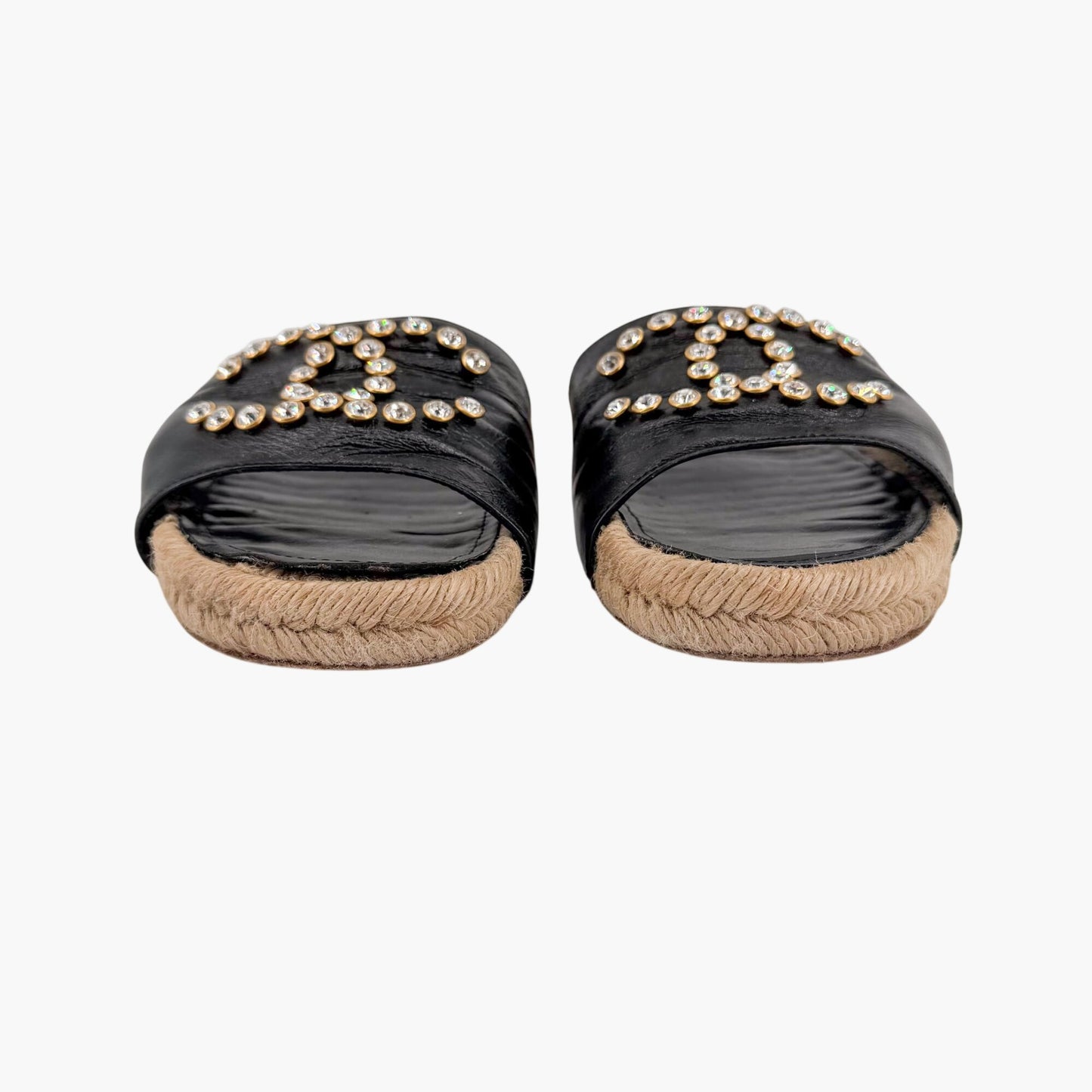 Chanel Crystal CC Espadrille Slide Sandals Black Size 38