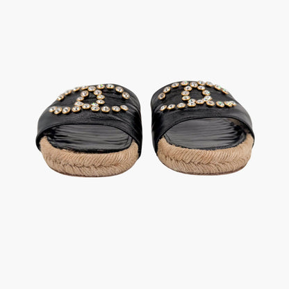 Chanel Crystal CC Espadrille Slide Sandals Black Size 38