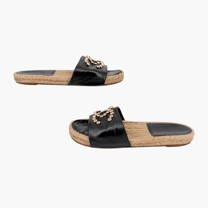 Chanel Crystal CC Espadrille Slide Sandals Black Size 38