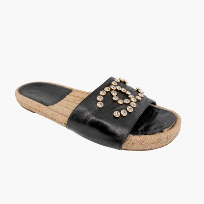 Chanel Crystal CC Espadrille Slide Sandals Black Size 38