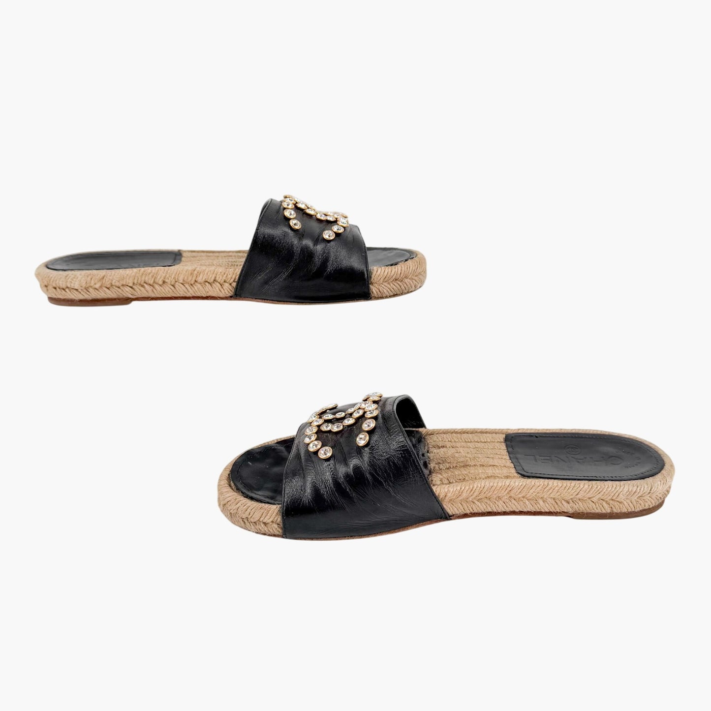 Chanel Crystal CC Espadrille Slide Sandals Black Size 38