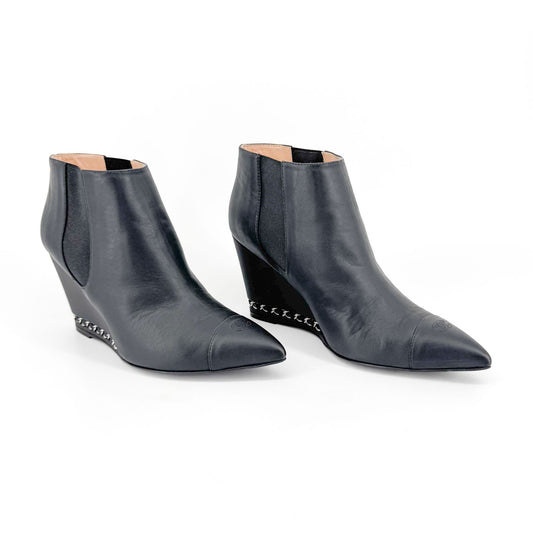 Chanel CC Chain Wedge Ankle Booties in Black Leather – Size 39.5