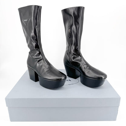 Prada Triangle Logo Platform Boots in Black Nappa Tech Size 39