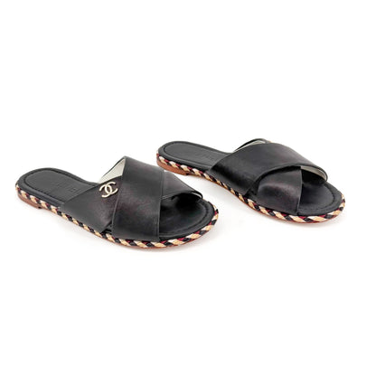 Chanel CC Cross Strap Mule Slide Sandals in Black Leather Size 39C