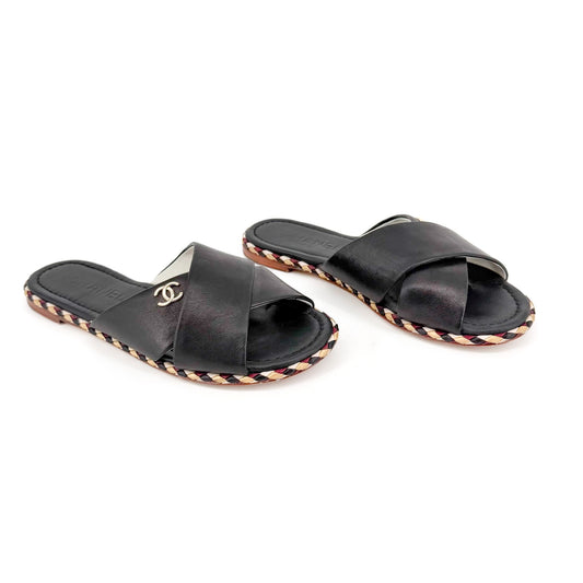Chanel CC Cross Strap Mule Slide Sandals in Black Leather Size 39C