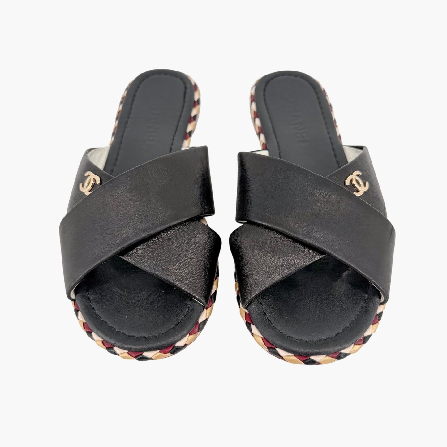 Chanel CC Cross Strap Mule Slide Sandals in Black Leather Size 39C