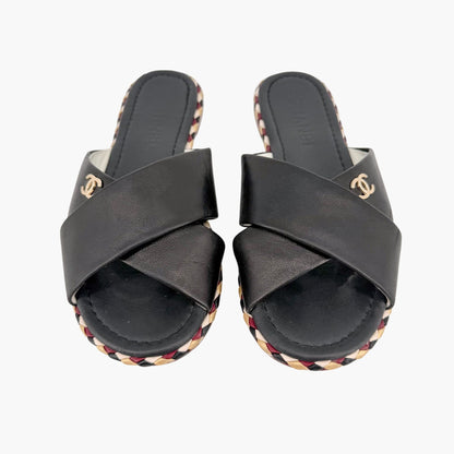 Chanel CC Cross Strap Mule Slide Sandals in Black Leather Size 39C