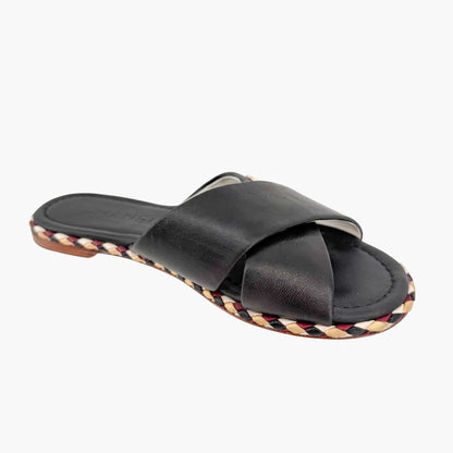 Chanel CC Cross Strap Mule Slide Sandals in Black Leather Size 39C