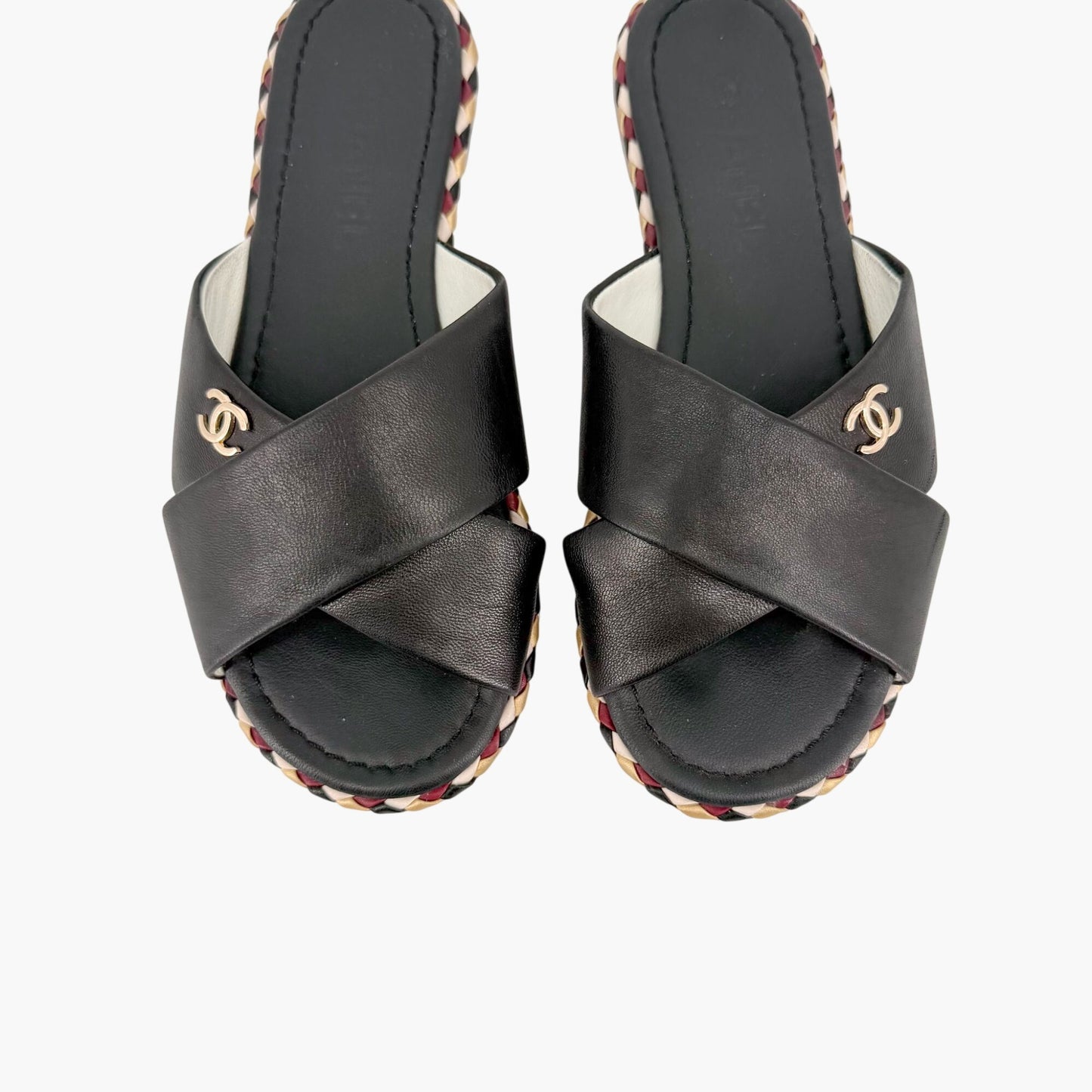 Chanel CC Cross Strap Mule Slide Sandals in Black Leather Size 39C