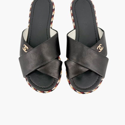 Chanel CC Cross Strap Mule Slide Sandals in Black Leather Size 39C