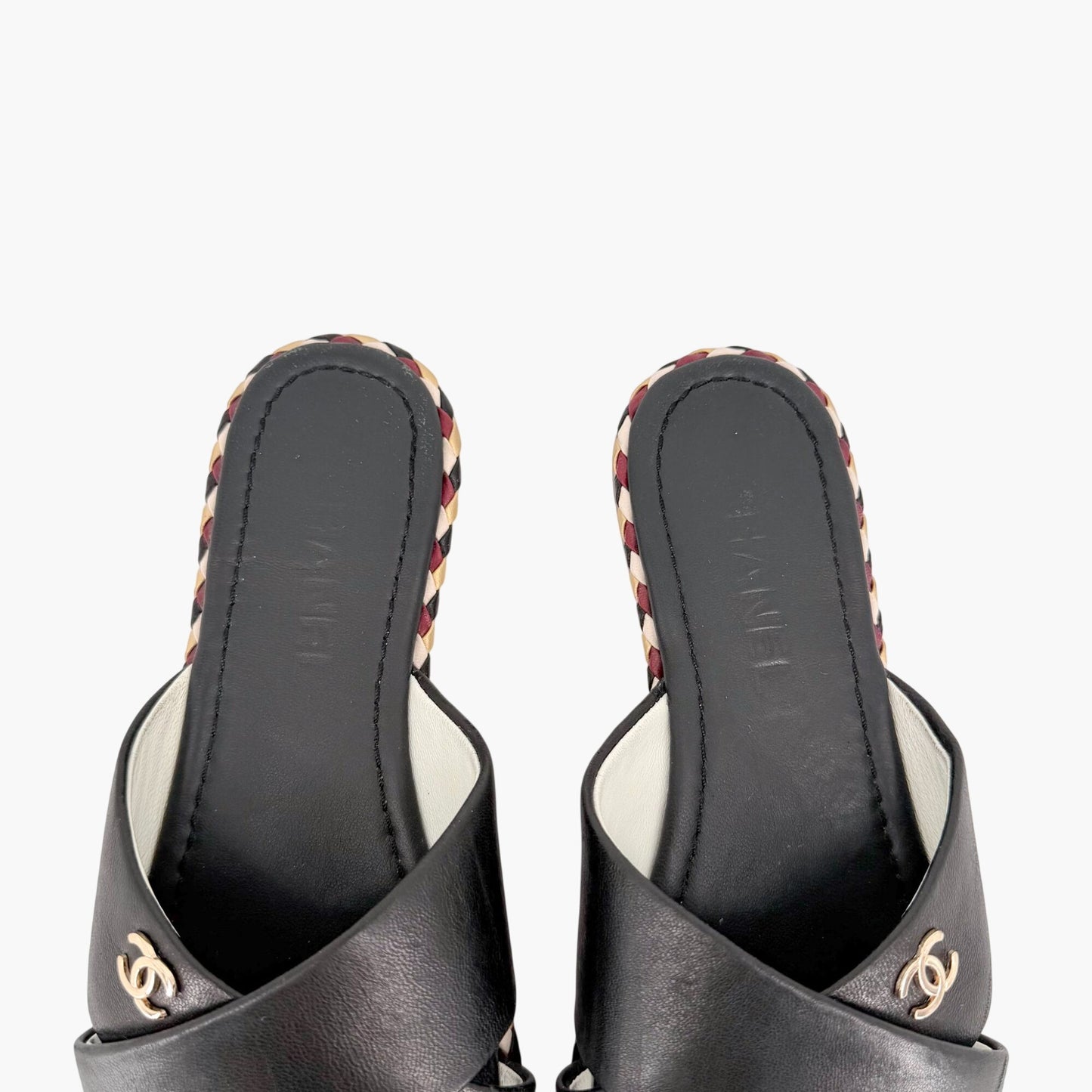 Chanel CC Cross Strap Mule Slide Sandals in Black Leather Size 39C