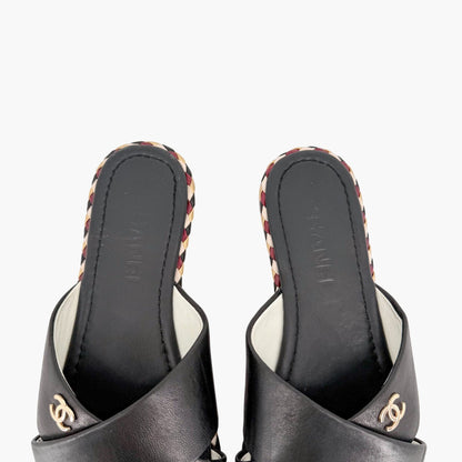 Chanel CC Cross Strap Mule Slide Sandals in Black Leather Size 39C