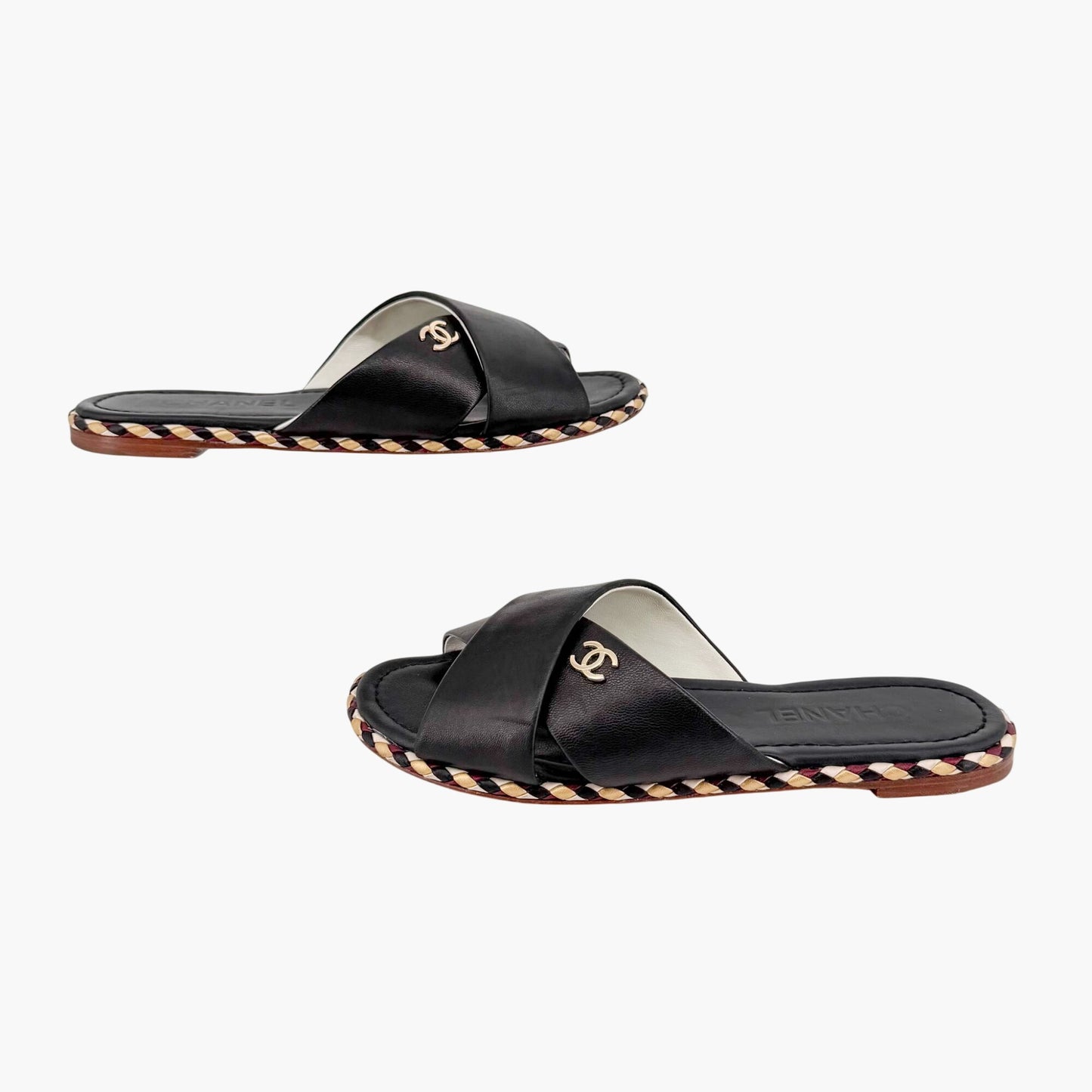 Chanel CC Cross Strap Mule Slide Sandals in Black Leather Size 39C