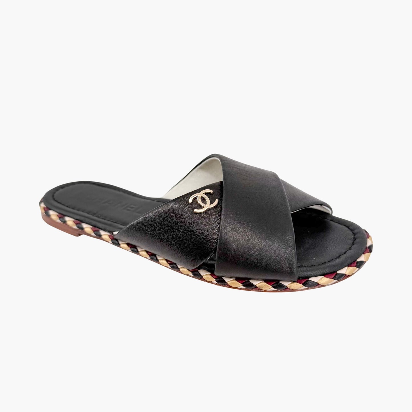 Chanel CC Cross Strap Mule Slide Sandals in Black Leather Size 39C