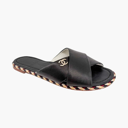 Chanel CC Cross Strap Mule Slide Sandals in Black Leather Size 39C