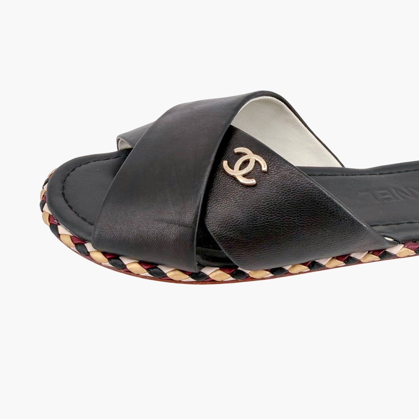 Chanel CC Cross Strap Mule Slide Sandals in Black Leather Size 39C