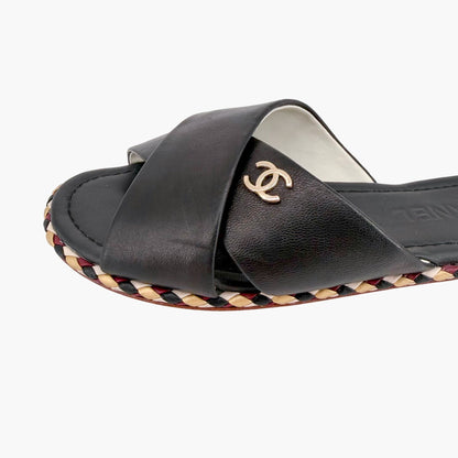 Chanel CC Cross Strap Mule Slide Sandals in Black Leather Size 39C