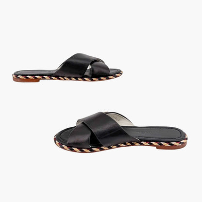 Chanel CC Cross Strap Mule Slide Sandals in Black Leather Size 39C