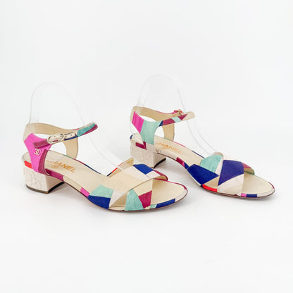 Chanel Flower Block Heel Sandals in Multicolor Patchwork Canvas Size 40