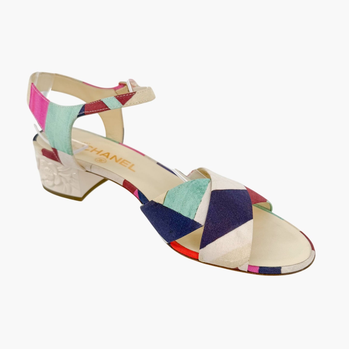 Chanel Flower Block Heel Sandals in Multicolor Patchwork Canvas Size 40
