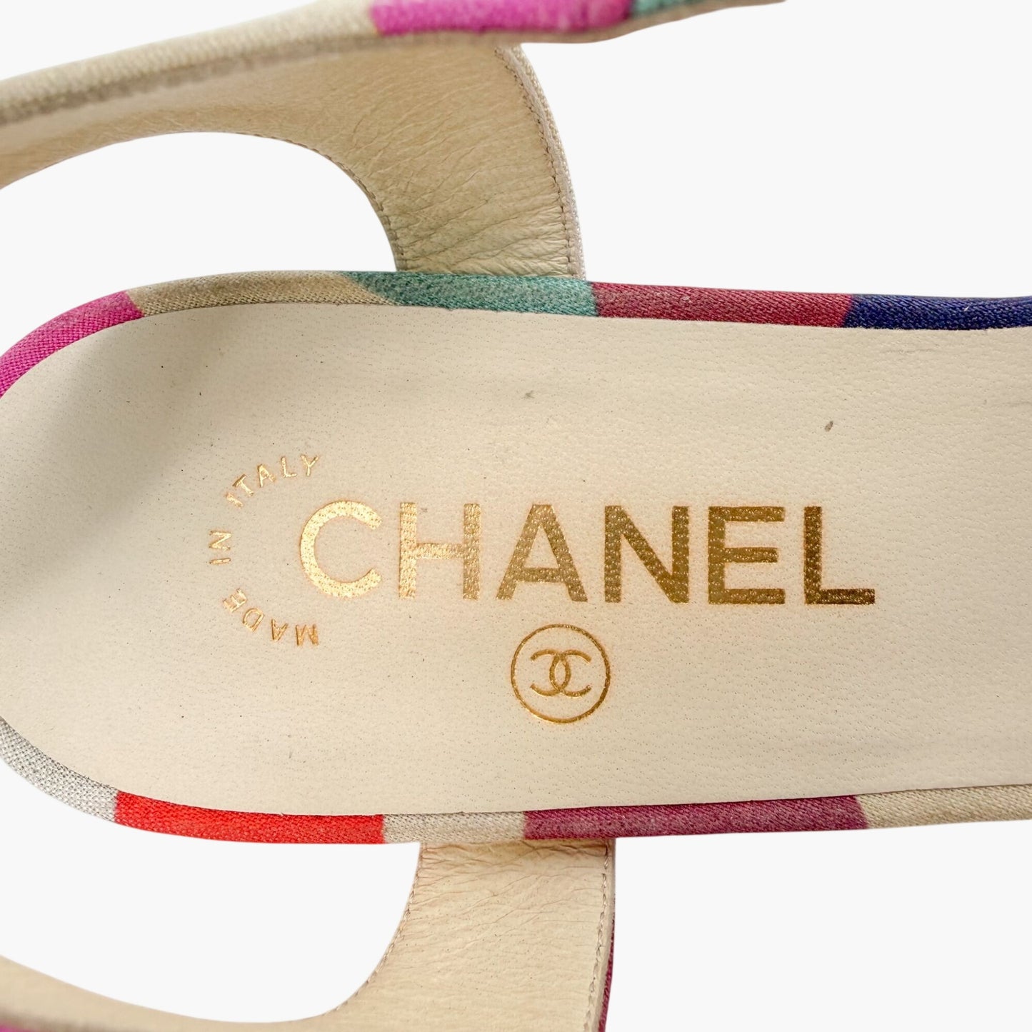 Chanel Flower Block Heel Sandals in Multicolor Patchwork Canvas Size 40