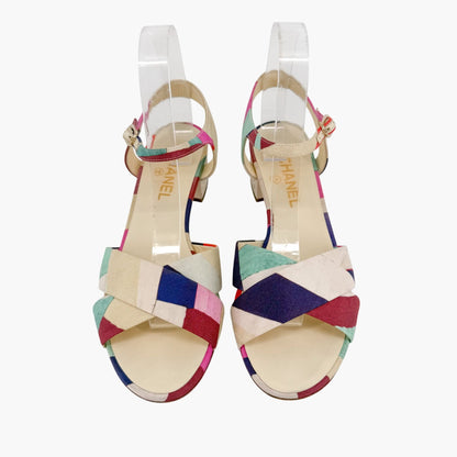 Chanel Flower Block Heel Sandals in Multicolor Patchwork Canvas Size 40