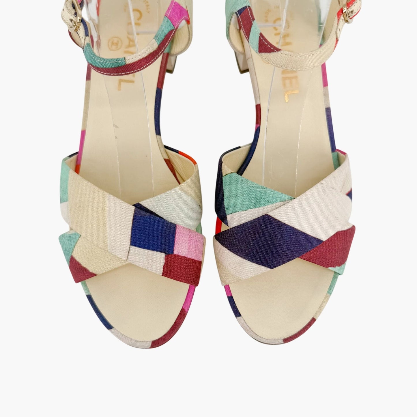 Chanel Flower Block Heel Sandals in Multicolor Patchwork Canvas Size 40