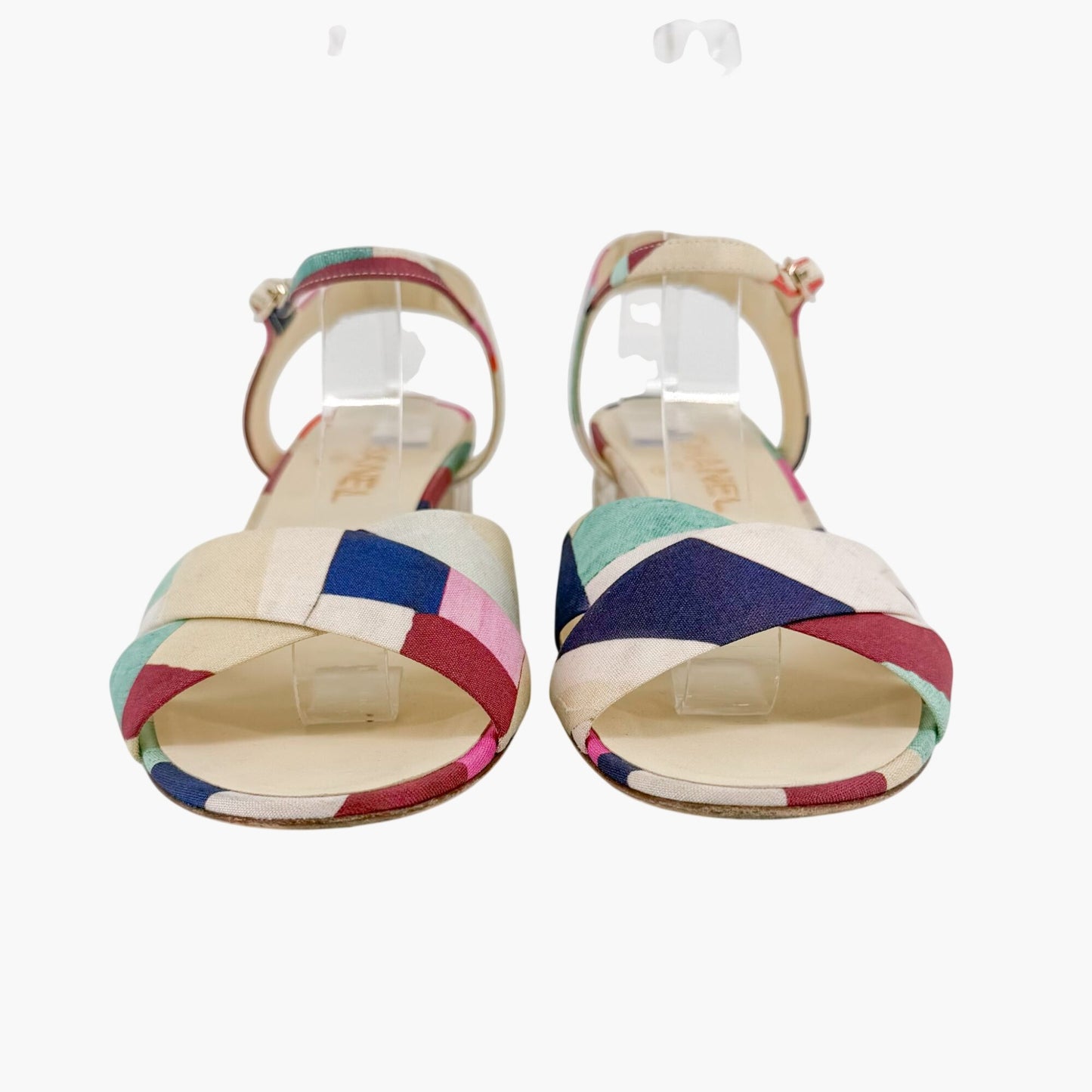 Chanel Flower Block Heel Sandals in Multicolor Patchwork Canvas Size 40