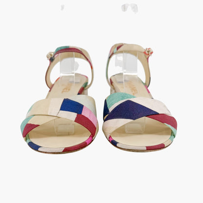 Chanel Flower Block Heel Sandals in Multicolor Patchwork Canvas Size 40