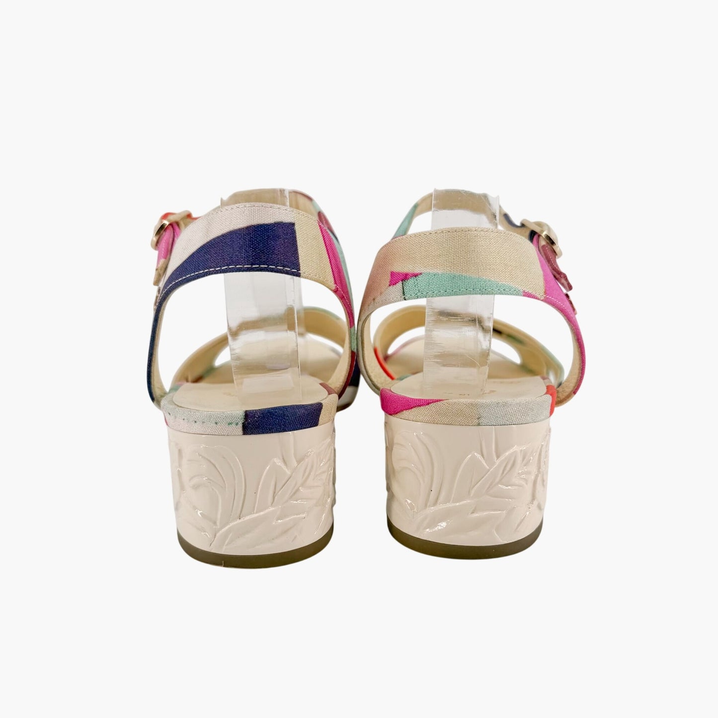 Chanel Flower Block Heel Sandals in Multicolor Patchwork Canvas Size 40