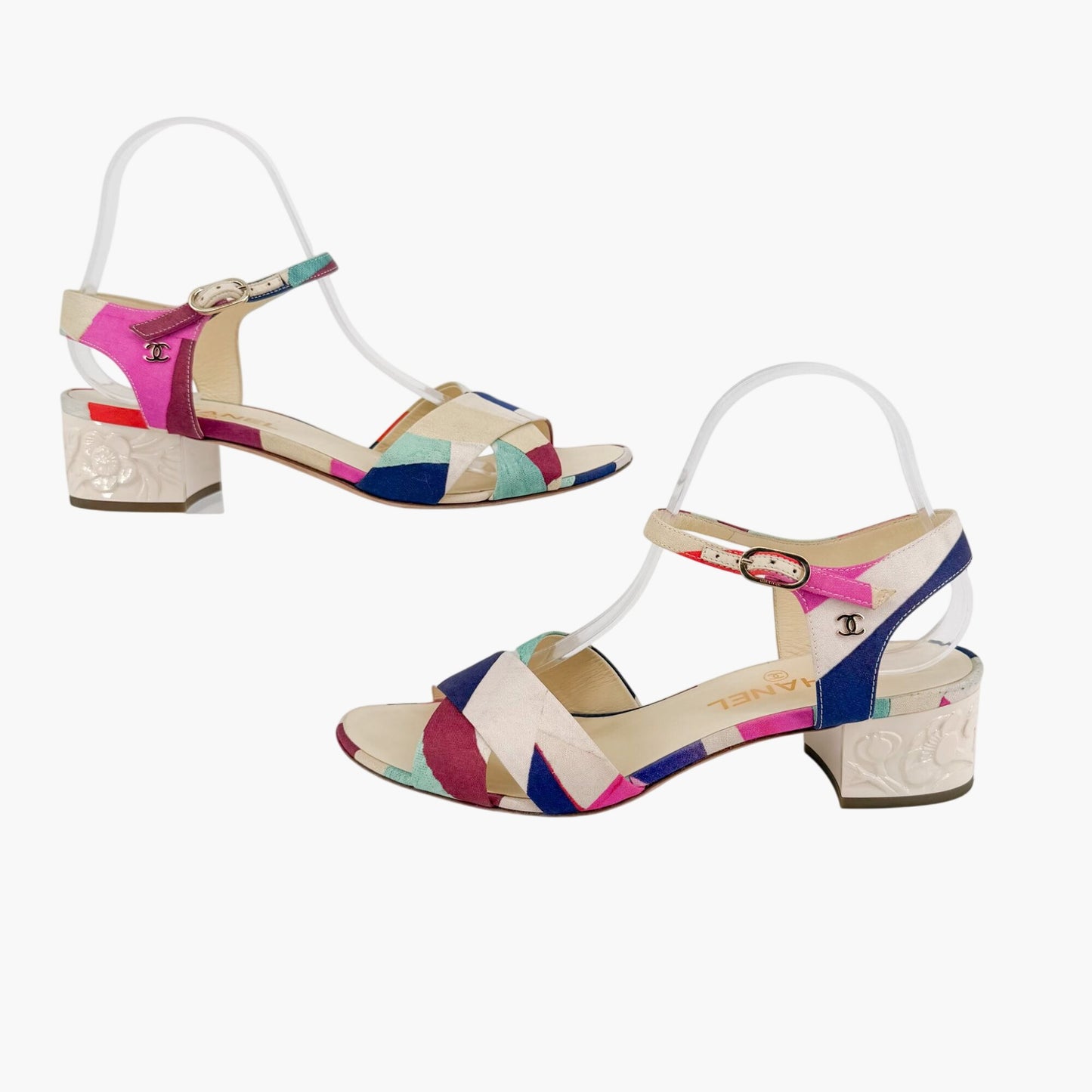 Chanel Flower Block Heel Sandals in Multicolor Patchwork Canvas Size 40