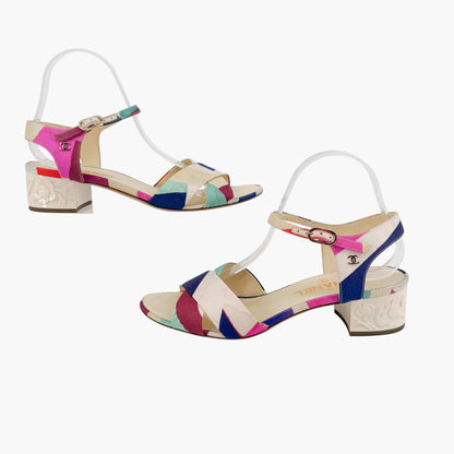 Chanel Flower Block Heel Sandals in Multicolor Patchwork Canvas Size 40