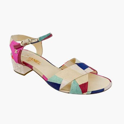 Chanel Flower Block Heel Sandals in Multicolor Patchwork Canvas Size 40