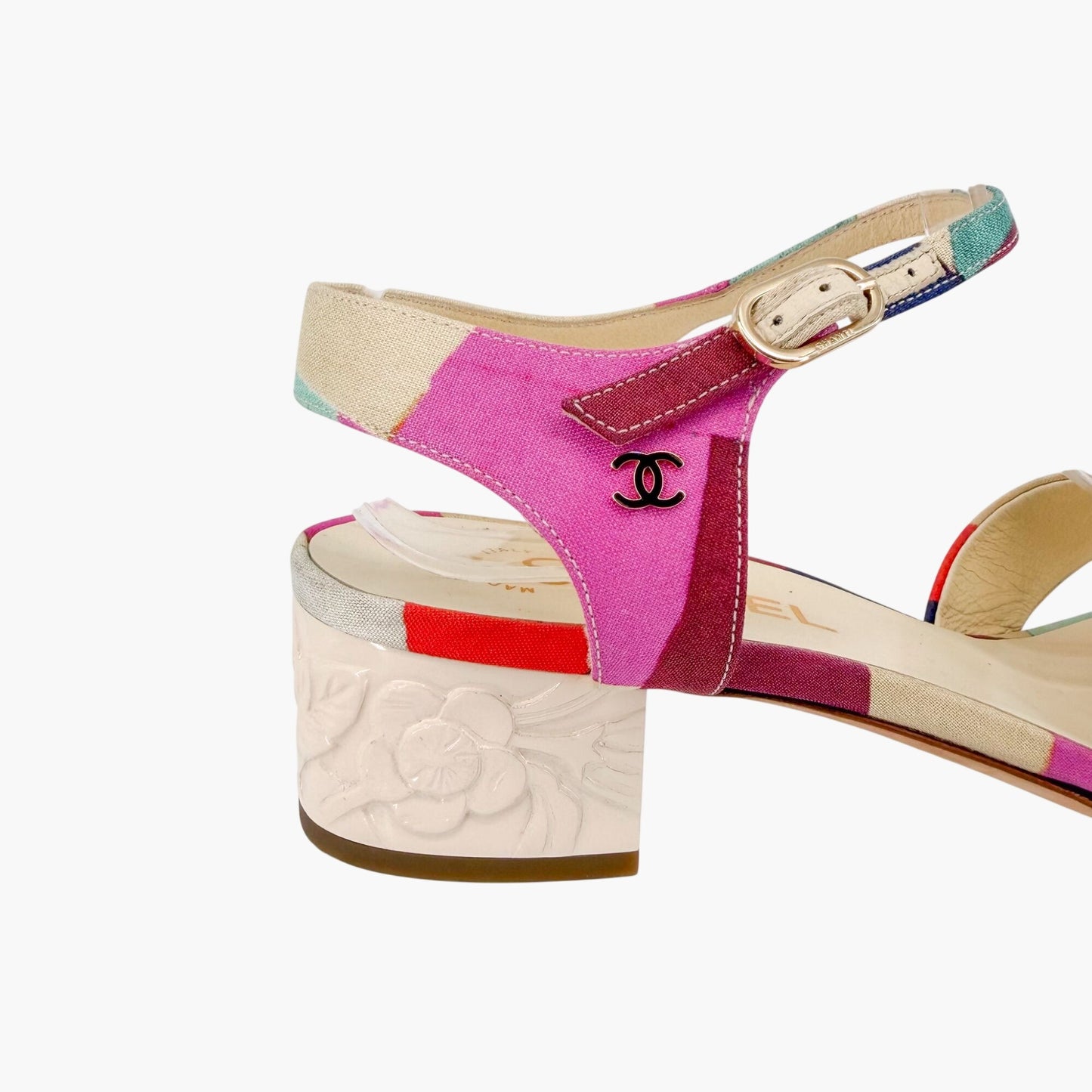 Chanel Flower Block Heel Sandals in Multicolor Patchwork Canvas Size 40