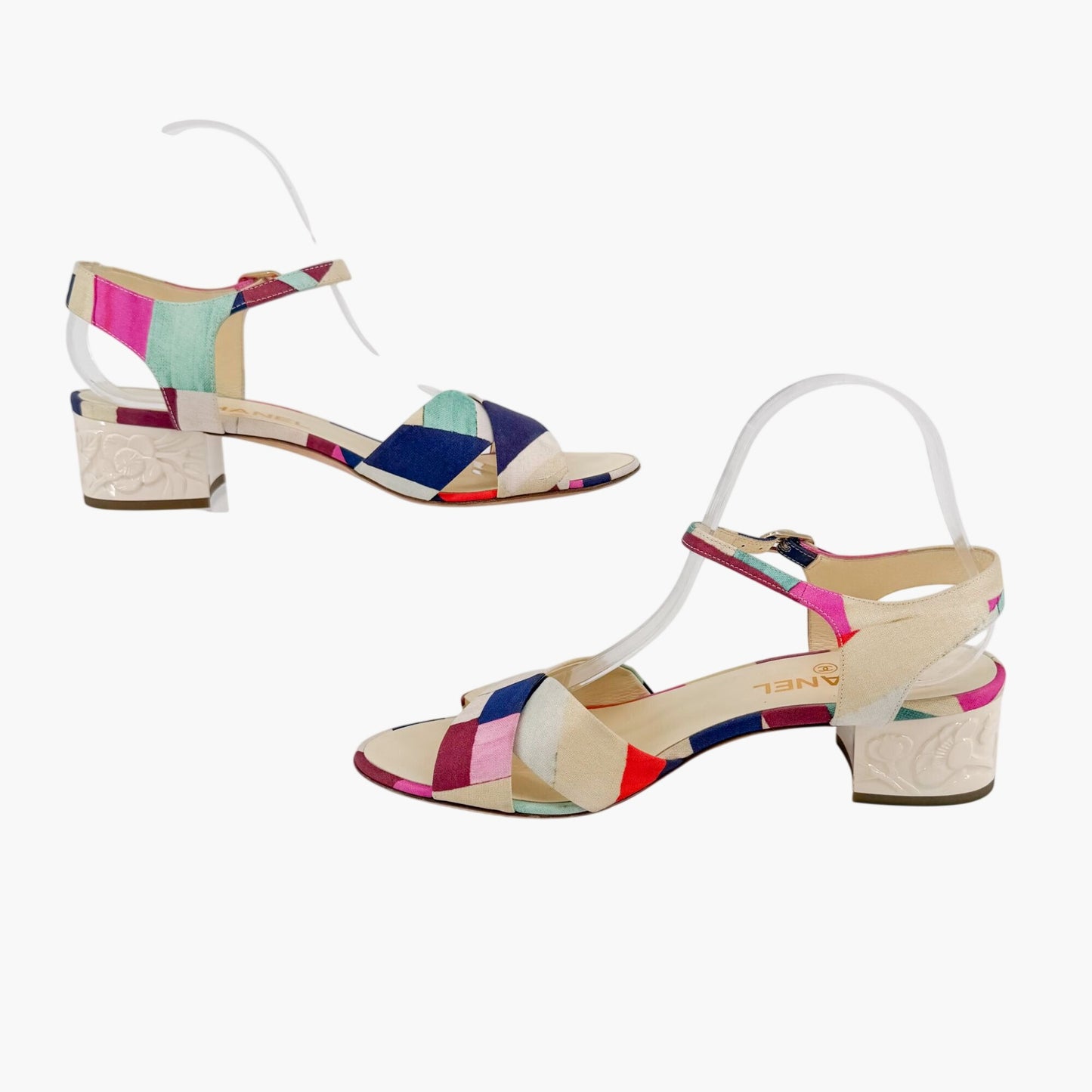 Chanel Flower Block Heel Sandals in Multicolor Patchwork Canvas Size 40